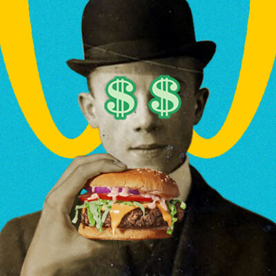 a man wearing a bowler hat eating a burger