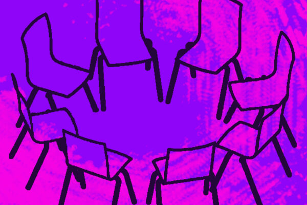 A computer-y style image. A circle of chairs frawn in black on a pink and purple background.
